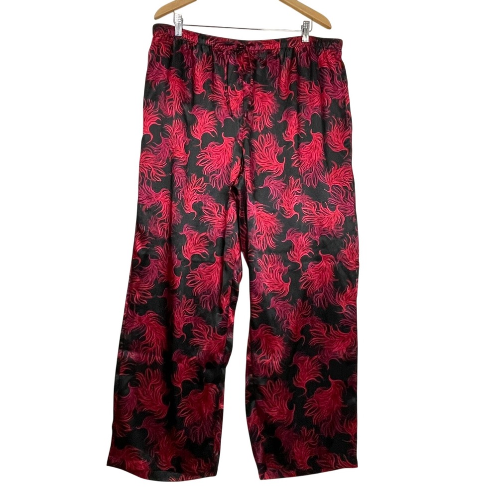 Cacique Pajama Pants Size 18/20 Black Red Feather Print Lounge Wide Leg